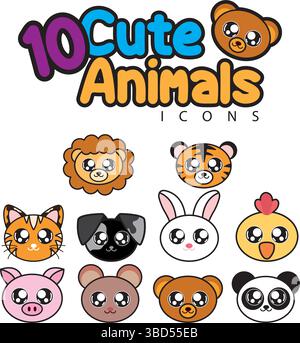 Branco di simpatiche facce animali. Vettore Illustrazione Vettoriale