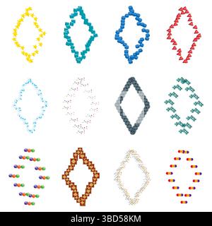 Set di telai diamantati. Bordi floreali colorati. Schema cardiaco rosso. Collezione decorativa vettoriale. Illustrazione Vettoriale