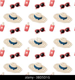 Motivo senza cuciture con cappello estivo cartoni animati, occhiali da sole e crema solare SPF. Sfondo vettoriale a tema spiaggia per design stagionali Illustrazione Vettoriale