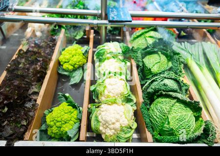 Vasto assortimento di verdure biologiche appena raccolte presentate al supermercato Foto Stock