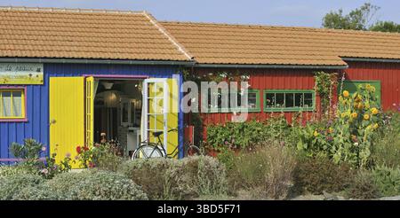Colorate cabine di ostriche contadine rinnovate e convertite in negozi di arte e artigianato al porto di le Chateau-d'Oleron sull'isola di Ile d'Olero Foto Stock