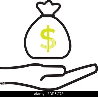 Icona con la mano che tiene in mano la borsa dei soldi. Vettore Illustrazione Vettoriale