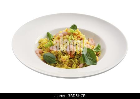 Riso con gamberetti isolati su sfondo bianco Foto Stock