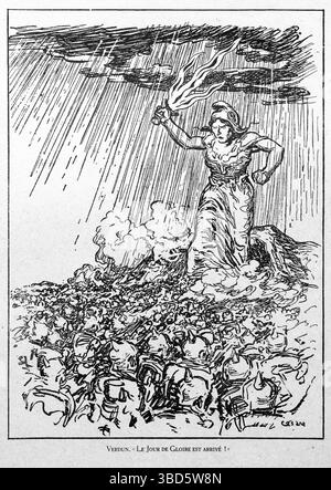 Verdun. Le Jour de Gloire est Arrival, caricatura della prima guerra mondiale dell'illustratore Cesare che mostra Marianne, simbolo nazionale della Repubblica francese al pipistrello di Verdun Foto Stock