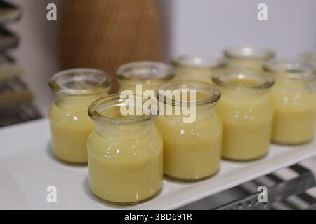 Creamy Mango Sago dessert, è un dolce dessert di Hong Kong. Prodotto con purè di mango, perla di sago e latte di cocco con mango tagliato a fette. Servito in vasetto e servito freddo. Alta qualità Foto Stock