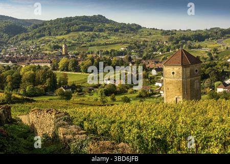 Vista del villaggio di Arbois e la Tour du Curon, situato nei vigneti di Arbois, dipartimento del Giura, Alvernia Rodano Alpes, Francia Foto Stock