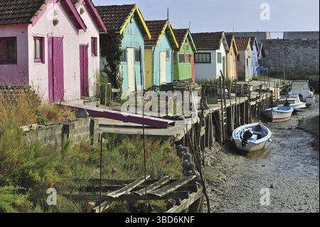Colorate cabine di allevatori di ostriche nel porto di le Chateau-d'Oleron sull'isola di Ile d'Oleron, Charente-Maritime, Francia Foto Stock