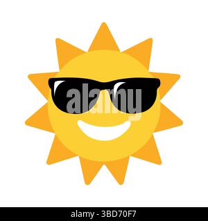 Cartoon Sun indossa eleganti occhiali da sole, irradiando gioia e felicità in spiaggia Illustrazione Vettoriale