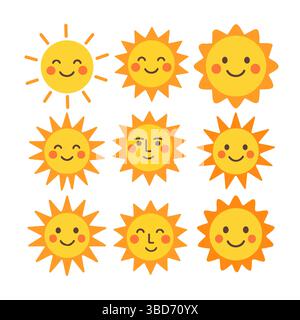 Collezione di icone del sole perfettamente progettate per design divertenti e creativi Illustrazione Vettoriale