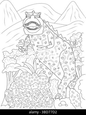 Il contorno in bianco e nero mostra un grande dinosauro teropode che ruggisce in un paesaggio preistorico della giungla con montagne sullo sfondo. Ideale per Illustrazione Vettoriale