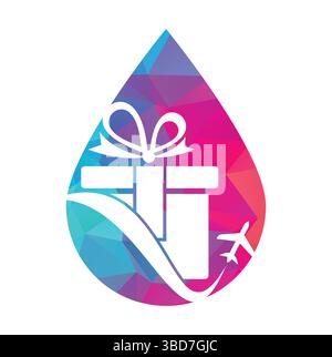 Design con logo vettoriale a forma di goccia da viaggio. Vettore della combinazione di logo regalo e aereo. Illustrazione Vettoriale
