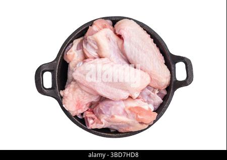 Succose ali ali di pollo crude, un ingrediente versatile perfetto per friggere, cuocere o grigliare alla perfezione. isolato su sfondo bianco. vista dall'alto. Foto Stock