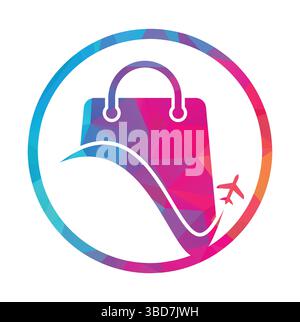 Modello vettoriale con logo Travel Shop. Logo Shop and Plane. Simbolo o icona di vendita e viaggio. Illustrazione Vettoriale