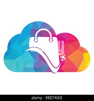 Modello vettoriale con logo Travel Shop. Acquista il logo Plane e Cloud. Simbolo o icona di vendita e viaggio. Illustrazione Vettoriale