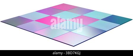 Vibrante vista laterale del pavimento illuminato al neon con piastrelle a motivi di colore rosa e blu. Isolato su sfondo bianco. Il design vivace evoca le feste Foto Stock