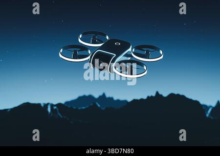 Concetto di sorveglianza notturna dei droni. Drone con fotocamera volante con luci a LED sul paesaggio Dark Mountain su sfondo Blue Night. Rendering 3d. Foto Stock