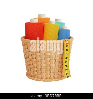 Concetto di sartoria e cucitura. Bobine di filati colorati in cesto di vimini con nastro graduato su sfondo bianco. Rendering 3d. Foto Stock
