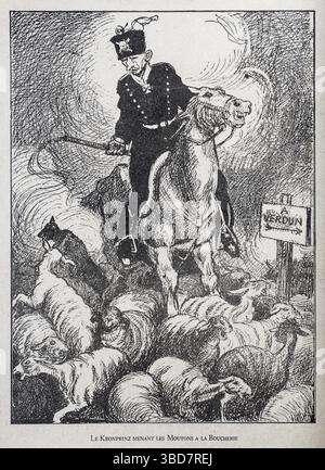 Caricatura della prima guerra mondiale dell'illustratore rata Langa che mostra il principe ereditario prussiano tedesco, Kronprinz Wilhelm von Preussen che porta le pecore al mattatoio Foto Stock