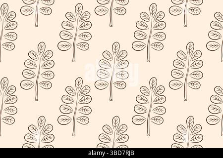 Semplice motivo autunnale senza cuciture con foglie di acacia in stile art line. Design per tessuti, tessuti, carta da parati, stampa, confezione regalo, cartolina accesa luce Illustrazione Vettoriale