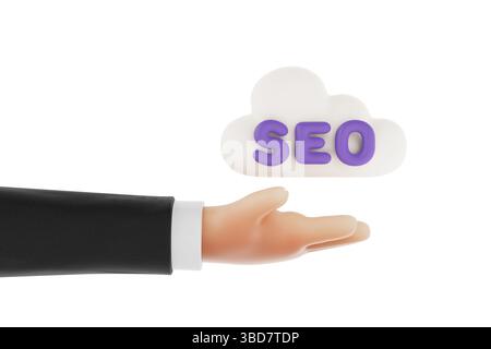 Concetto di ottimizzazione dei motori di ricerca. Mano aziendale che tiene l'icona SEO Cloud su sfondo bianco. Rendering 3d. Foto Stock
