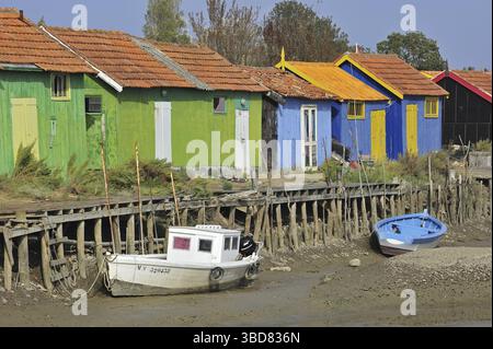 Colorate cabine di allevatori di ostriche nel porto di le Chateau-d'Oleron sull'isola di Ile d'Oleron, Charente-Maritime, Francia Foto Stock