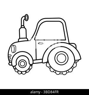Profilo semplice del trattore Cartoon. Un trattore in stile cartoni animati in bianco e nero, perfetto per colorare pagine o materiale didattico per bambini. Illustrazione Vettoriale