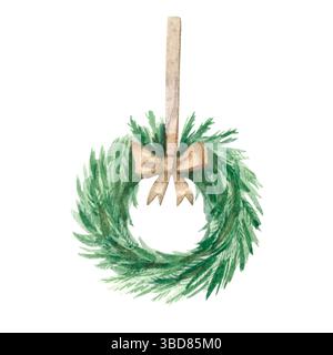 Corona di Natale in abete con fiocco beige. Illustrazione ad acquerello dipinta a mano. Estetica Foto Stock