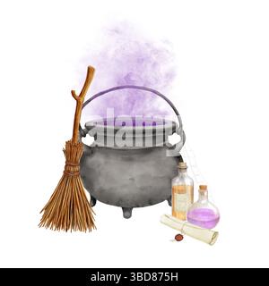 Un calderone rotondo di pozione bollente e scopa della strega. Illustrazione acquerello. Fiale di pozione magica e antico rotolo di incantesimo, isolate su un bac bianco Foto Stock