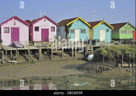 Colorate cabine di allevatori di ostriche nel porto di le Chateau-d'Oleron sull'isola di Ile d'Oleron, Charente-Maritime, Francia Foto Stock
