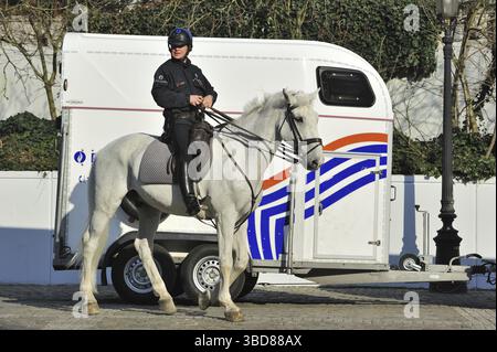 Polizia a cavallo belga e rimorchio per cavalli a Bruxelles, Belgio Foto Stock