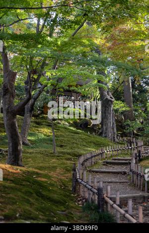 Percorso curvo con ringhiere in legno che conducono in salita attraverso un terreno coperto di muschio e alberi verso un gazebo ombreggiato a Kenroku-en Garden, Kanazawa, Giappone Foto Stock