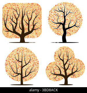 Quattro alberi con foglie gialle isolate su sfondo bianco Illustrazione Vettoriale