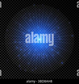 Effetto luminoso dei brillamenti dell'obiettivo. Le luci blu brillano con effetti esplosivi su uno sfondo trasparente. Illustrazione vettoriale Illustrazione Vettoriale