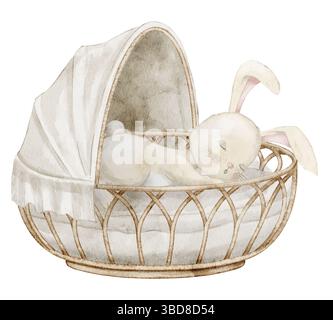 Illustrazione ad acquerello di Sleeping Bunny in una culla con baldacchino. Disegno di un simpatico coniglio su cesto di vimini per biglietti di auguri per la doccia del bambino o inviti al neonato. Arte della lepre per il design infantile. Foto Stock
