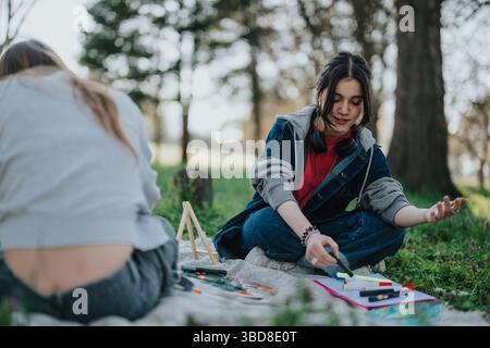 Due amici si godono un momento artistico calmo insieme in un tranquillo parco Foto Stock