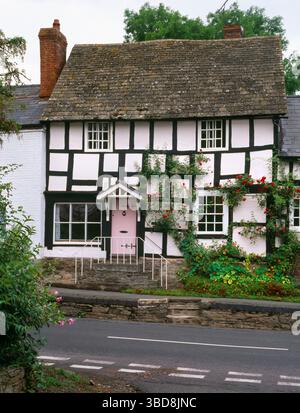 Vista N della sezione occidentale a due piani di C17th Bank House, High Street, Pembridge, Herefordshire, Inghilterra, Regno Unito, con struttura in legno a pannelli quadrati Foto Stock