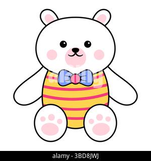 Orso carino con cravatta di prua. Questa affascinante illustrazione raffigura un adorabile orso bianco con un'espressione felice, che lo rende perfetto per i disegni dei bambini. Illustrazione Vettoriale