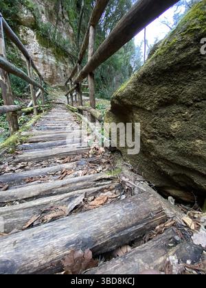 Scalinate rocciose in legno che salgono ripidi sentieri montani con corrimano rustico, viste da un angolo basso nel paesaggio montano di Serramonacesca, Italia Foto Stock