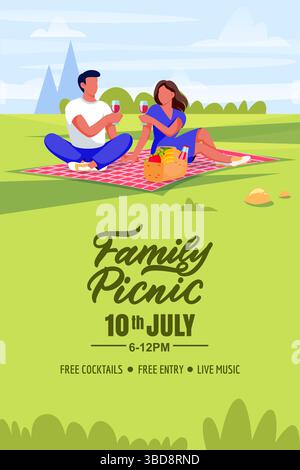 Illustrazione del vettore picnic per la famiglia. Uomo e donna con vino seduto su un plaid rosso nel parco o nel giardino. Design per feste all'aperto in estate o in primavera Illustrazione Vettoriale