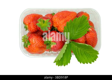 Fragole mature in un contenitore di plastica trasparente proveniente dal mercato agricolo. isolato. Foglia di fragole in cima. Vista dall'alto. Foto Stock
