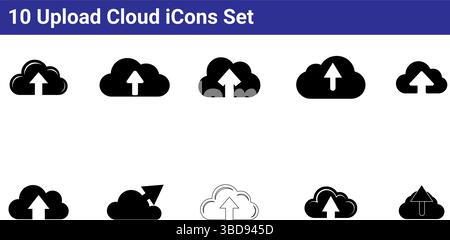 Set di 10 icone di caricamento cloud - simboli di archiviazione e trasferimento dati Illustrazione Vettoriale