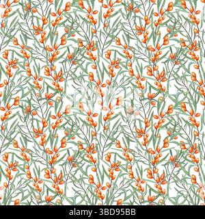 Acquerello densa rami di spinoso marino, bacche di arancia matura e foglie verdi sfondo isolato senza cuciture. Bacca baltica ornata per l'autunno Foto Stock