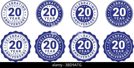 Set di otto badge blu per celebrare il 20° anniversario in forma rotonda con stelle, utilizzati per il branding di traguardi e traguardi Illustrazione Vettoriale
