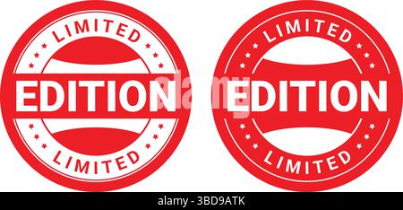 Due badge circolari rossi in edizione limitata con testo in grassetto bianco utilizzati per etichette di prodotti esclusive Illustrazione Vettoriale