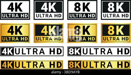 raccolta di etichette ultra hd 4k e 8k in bianco e nero e oro utilizzate per la risoluzione dello schermo e la qualità dello schermo Illustrazione Vettoriale