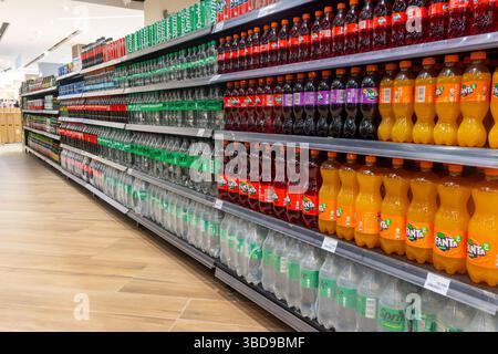 Bali, Indonesia - 22 dicembre 2024: Ripiano con molte bottiglie di bibita e succo. I flaconi sono di diversi colori e dimensioni Foto Stock