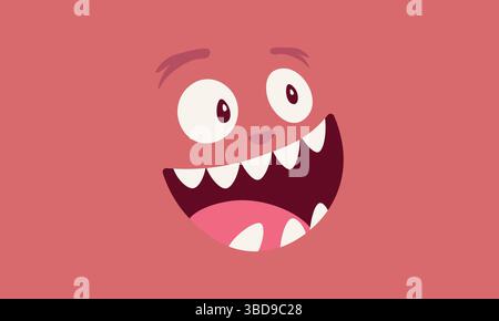 Divertente sfondo di mostri cartoni animati. Creatura rosa felice con grandi occhi. Un'espressione carina e vellutata. Illustrazione Vettoriale