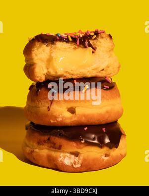 Tre ciambelle Boston Cream su sfondo giallo Foto Stock