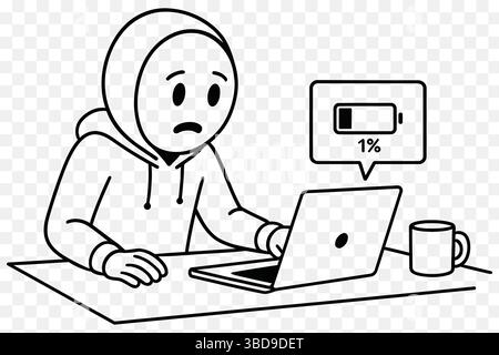 Burnout Illustration – Low Battery Freelancer Comic – personaggio minimalista con cappuccio Illustrazione Vettoriale