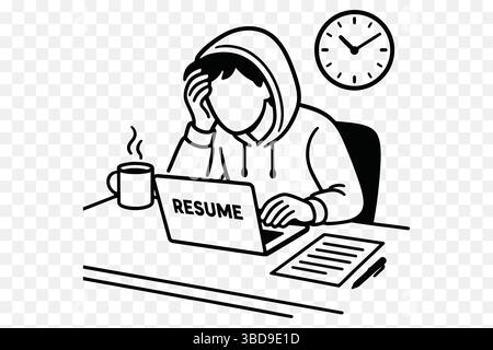 Ansious Resume Writing at Night – minimalista Line Art Vector Illustrazione Vettoriale